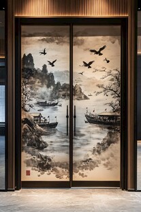 中式山水双开门艺术画卷