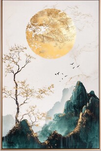 中式山水金月飞鸟图景