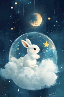 云端白兔望月梦幻插画