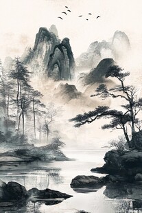 水墨山水间 飞鸟伴松影