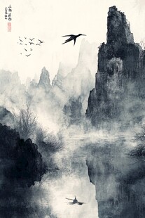 水墨山水间孤舟飞鸟之景