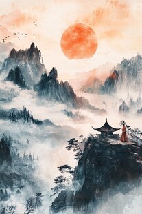 夕阳下的仙侠山水图景