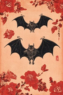 中式古风蝙蝠花卉插画