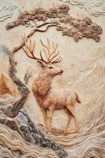 鹿栖山林浮雕艺术图景