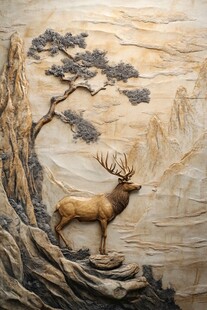 鹿立山林间浮雕艺术图景