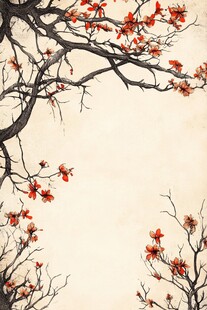 水墨风红花朵枝艺术图