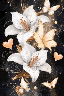 百合蝴蝶黑金梦幻花卉图