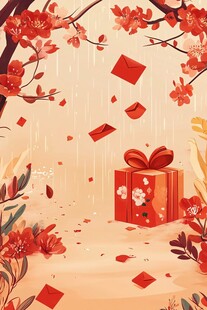 新春礼盒与飘落红包插画