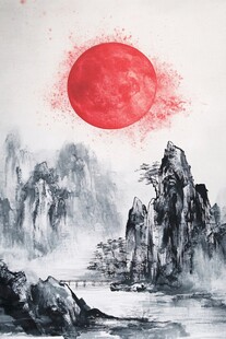 水墨山水间的红月之景
