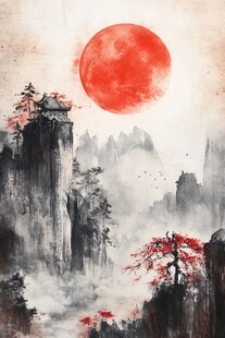 红日映山景 水墨绘诗意