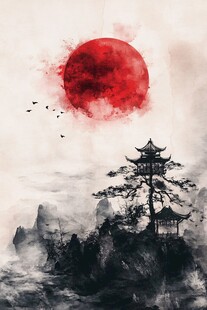 水墨山水红日古亭意境图