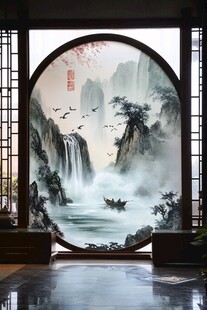 中式圆窗山水墨画意境美