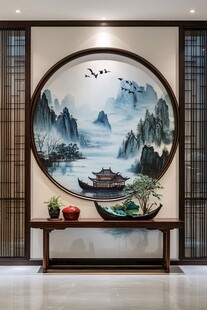 中式山水圆画玄关装饰景