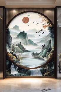 中式山水圆形玄关壁画意境美