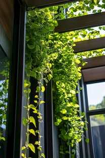 绿叶藤蔓装点窗边景致
