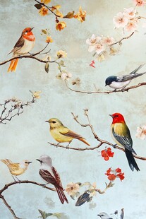 花鸟图 枝头鸟儿与繁花