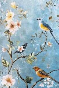 蓝底花鸟图 灵动鸟儿伴繁花