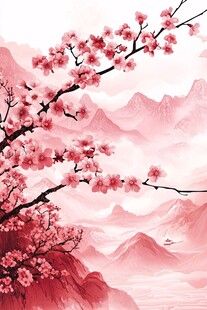 春日红梅映山水意境图