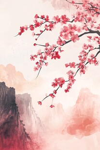 水墨红梅映山川