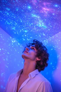 男子仰望梦幻星空场景