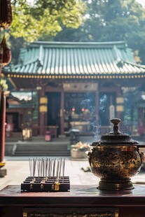 古寺前的焚香祈福场景