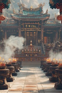 中式古庙宇前的焚香场景