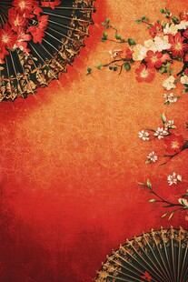中式红底扇花雅致背景