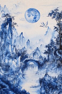 蓝墨山水间的月夜景致