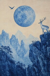 月夜山巅灵鹿飞鸟图景