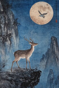 月夜灵鹿立崖赏景