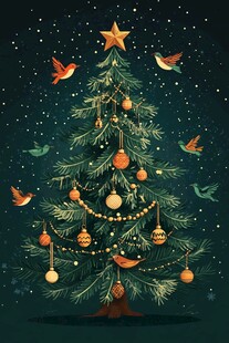圣诞树上的鸟儿与装饰