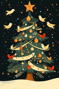 圣诞树上的鸟儿与装饰