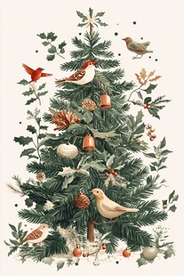 圣诞树上的鸟儿与装饰