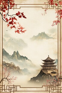 古风山水楼阁红叶背景图