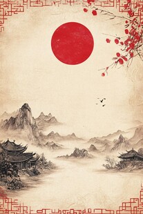 中式山水红日古典意境图