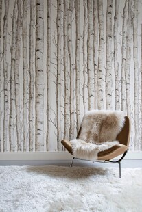 北欧风白桦纹墙纸配休闲椅