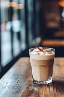 木质桌上的美味拿铁咖啡