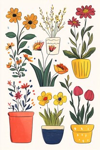 手绘盆栽花卉插画集合