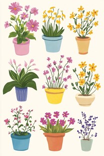 多彩盆栽花卉插画集合