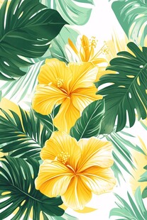 黄色扶桑与热带绿叶图案