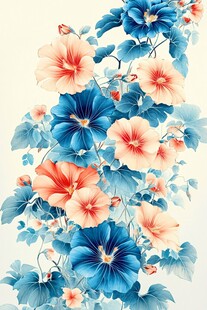 蓝粉花卉垂直绽放插画