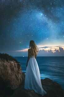 女子海边赏璀璨星空美景