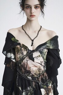 暗黑风个性印花露肩装模特