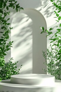 绿植环绕的白色简约展示台
