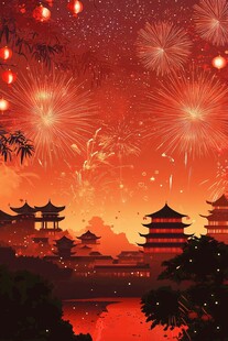 喜庆烟花下的古风夜景