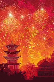 烟花下的中式古建筑夜景