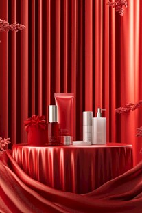 红色背景下的精致美妆产品