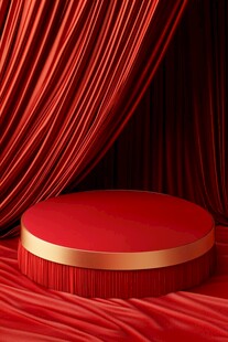 红色绒幕中的圆形展示台