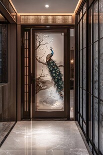 中式玄关处的孔雀艺术装饰