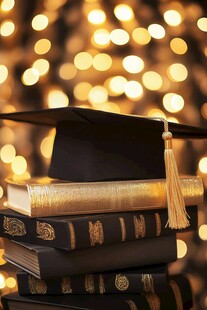毕业帽置于堆叠书籍之上